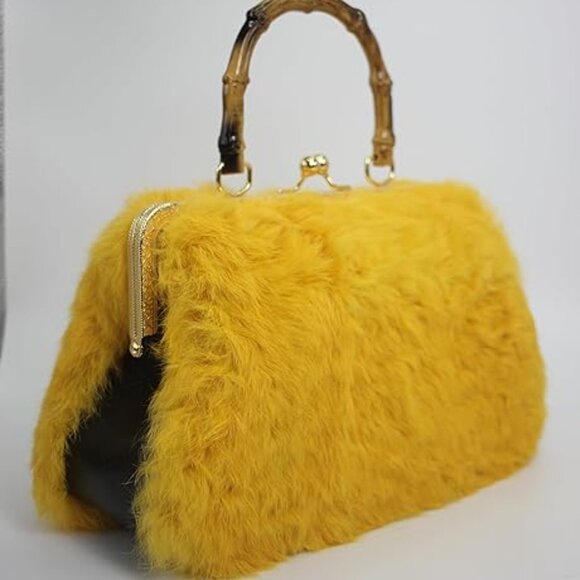 Neiman Marcus Curly Rabbit Fur Bamboo-Style Handle and Gold Kisslock Bag - Picture 3 of 6